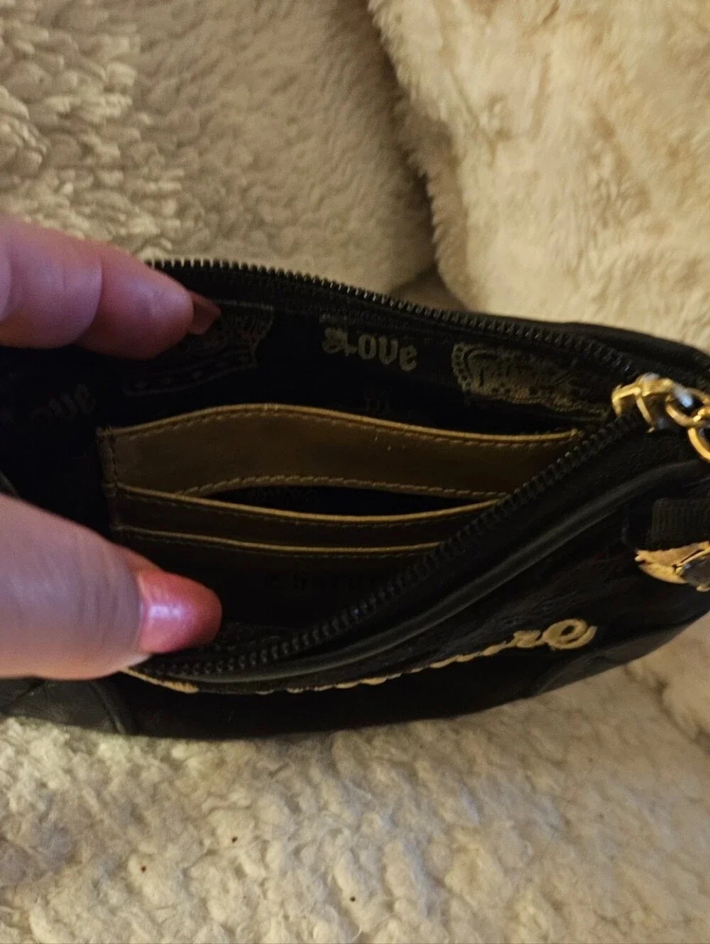 Juicy Couture Y2k Black Velour Wristlet with Gold Juicy Script Logo & Charm
